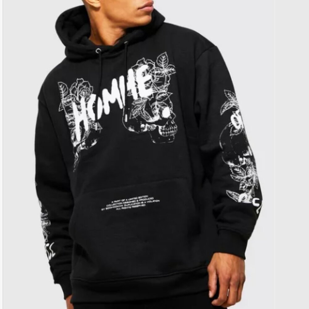 BoohooMAN Oversized Skull Graphic Hoodie Ltd. Edition Black Size L NWT